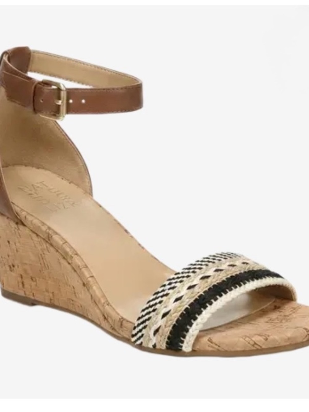 Naturalizer Cork Wedge Sandal with Brown Ankle Strap and Black/Beige Toe Band